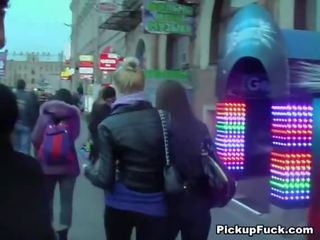 Real public adult clip with a stunning brunette